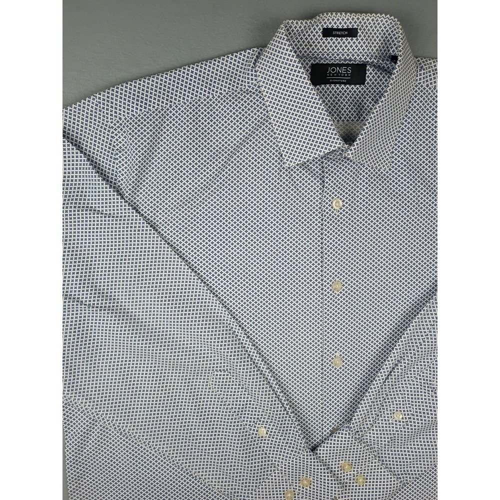 Jones New York Signature Mens Blue White Geometric Print Stretch Dress Shirt
